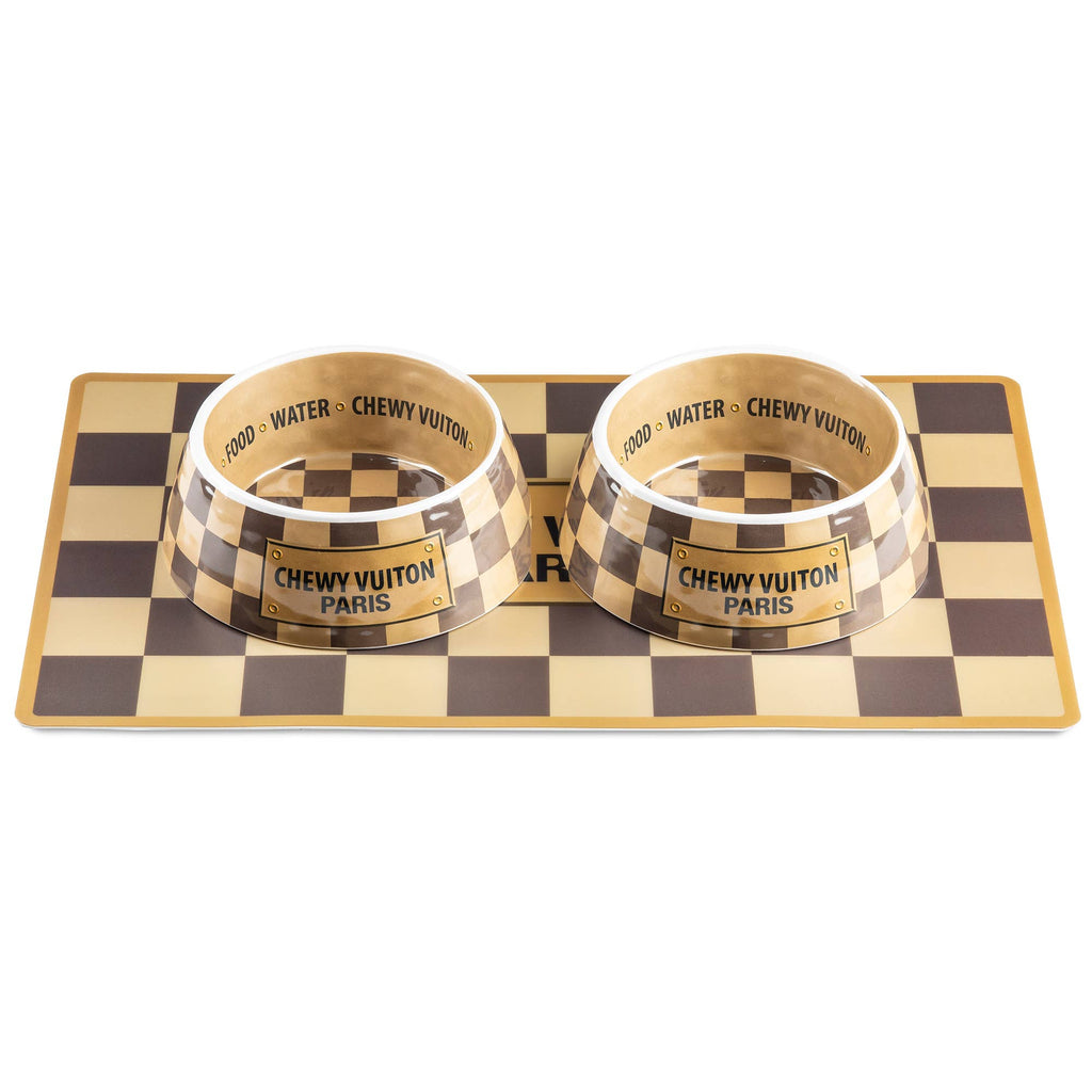 Chewy Vuiton Bowl & Placemat Set | Tan Checker | Small