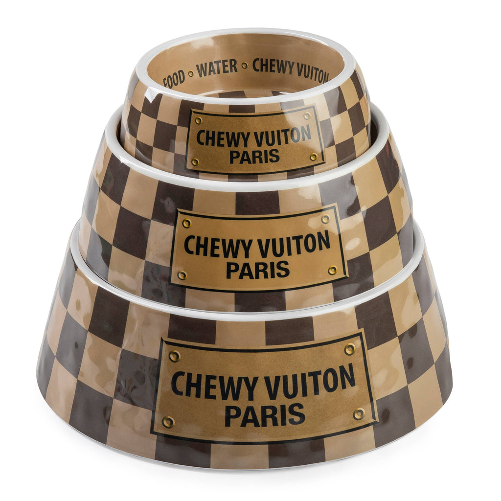 Chewy Vuiton Bowl & Placemat Set | Tan Checker | Small