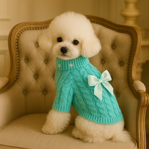 Pearl Bow Cable Knit Dog Sweater – Luxe Winter Petwear: Blue / XS
