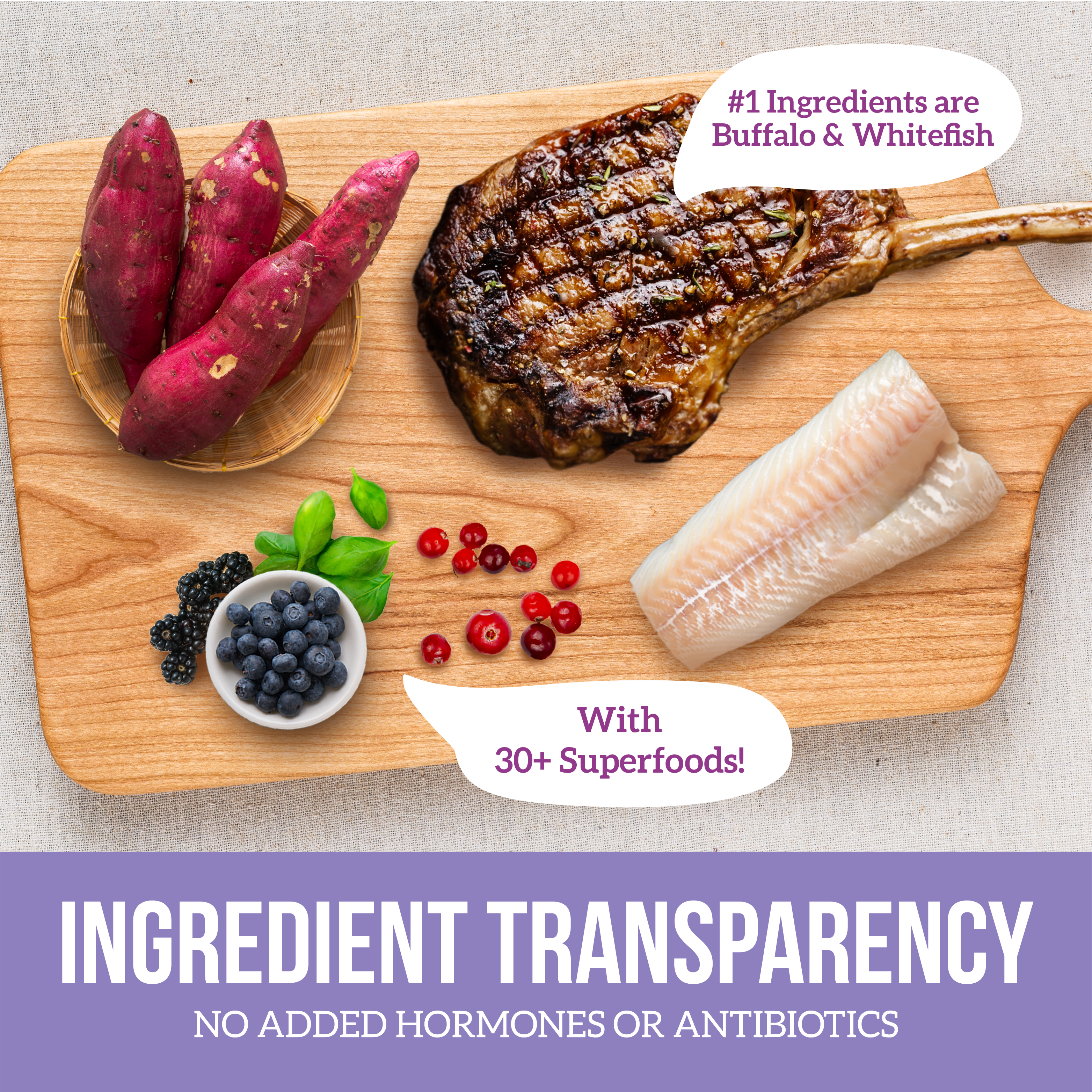 Grain Free Buffalo, Whitefish & Sweet Potato Recipe: 4 lbs