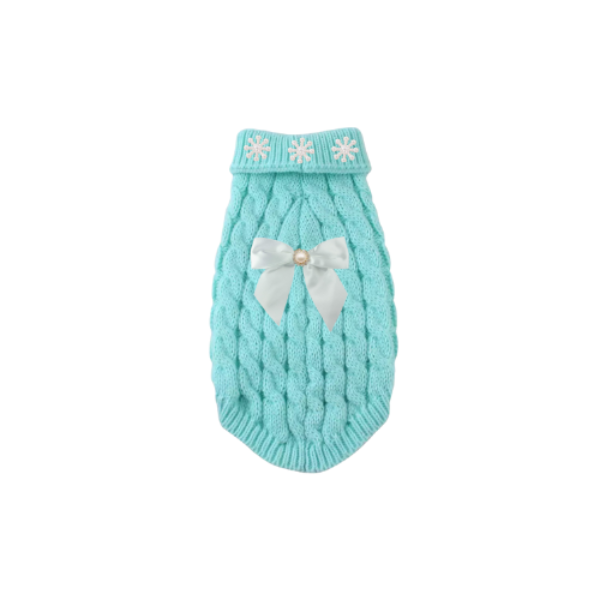 Pearl Bow Cable Knit Dog Sweater – Luxe Winter Petwear: Blue / Small