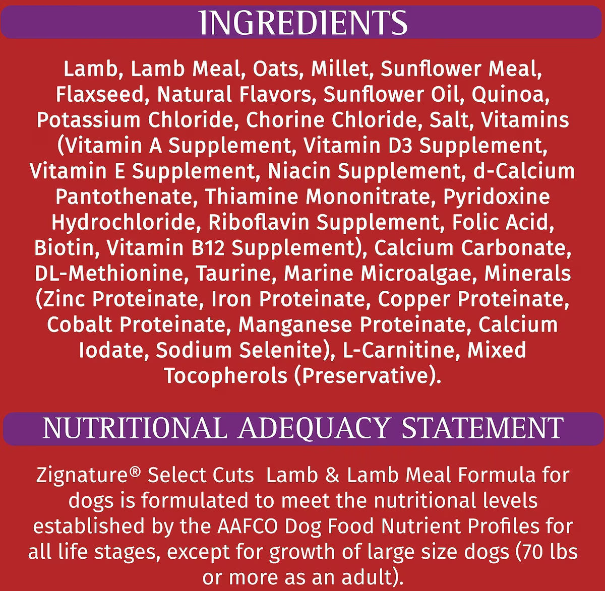 Zignature Dog 12.5Lb Select Cut Lamb